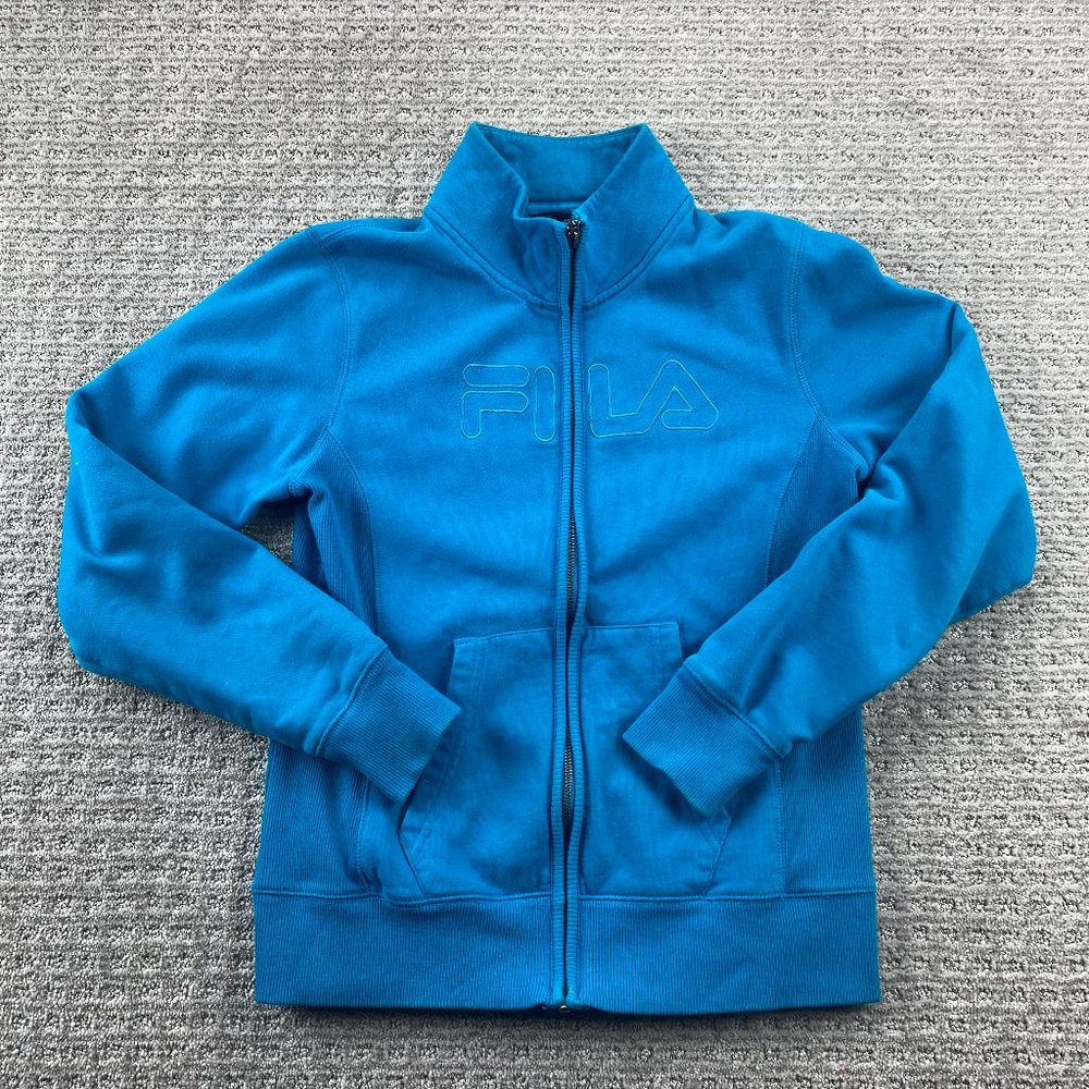 FILA F-Box Sweater Women Medium M Blue Full Zip Sweatshirt Embroidered Spell Out